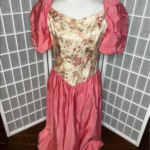 Floral rosewood bodice puffy sleeves 80s Prom Dress size 15/16 full length
